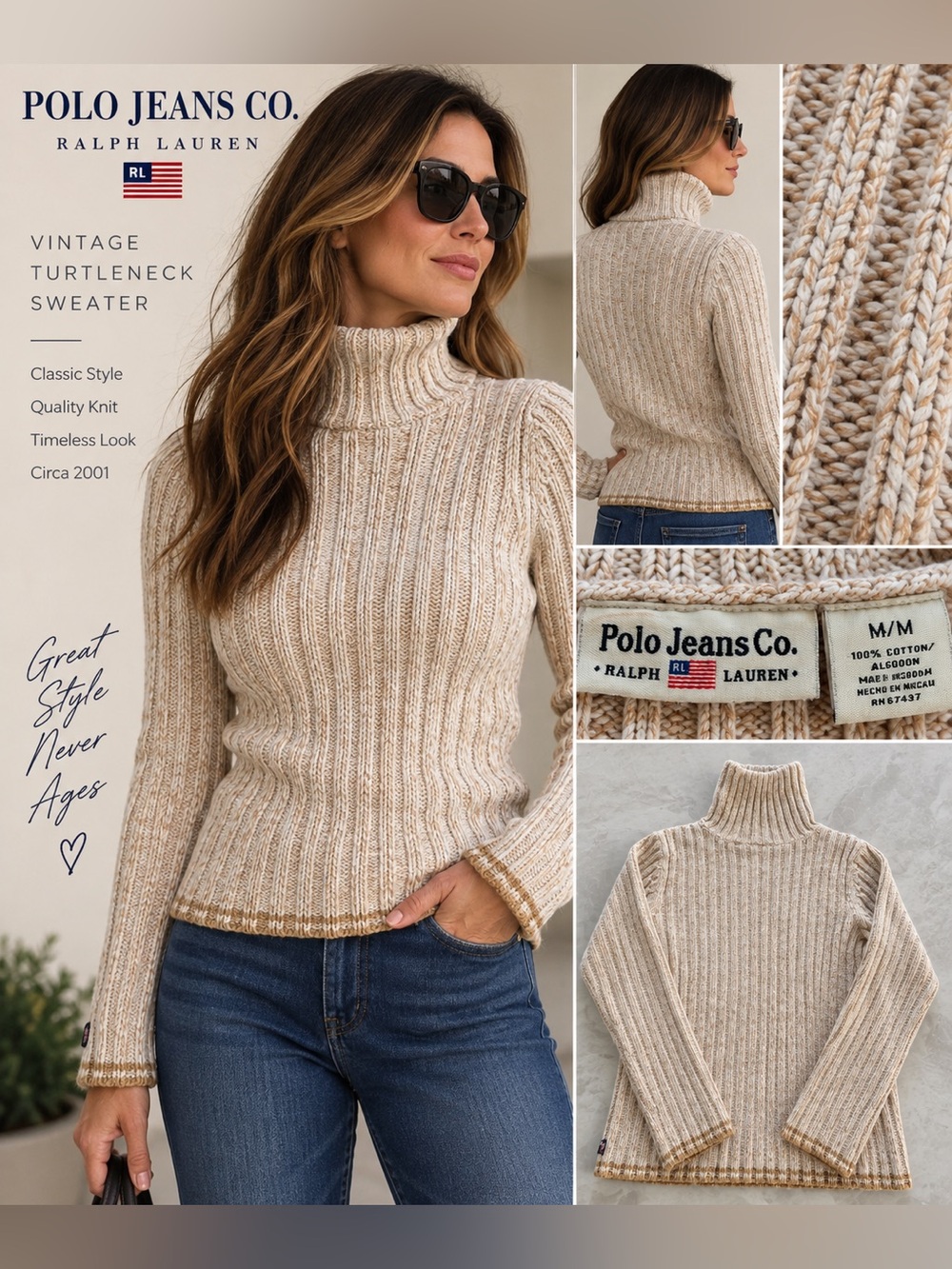 Ralph Lauren Polo Jeans Co. Women's Beige/Cream Ribbed Turtleneck Sweater